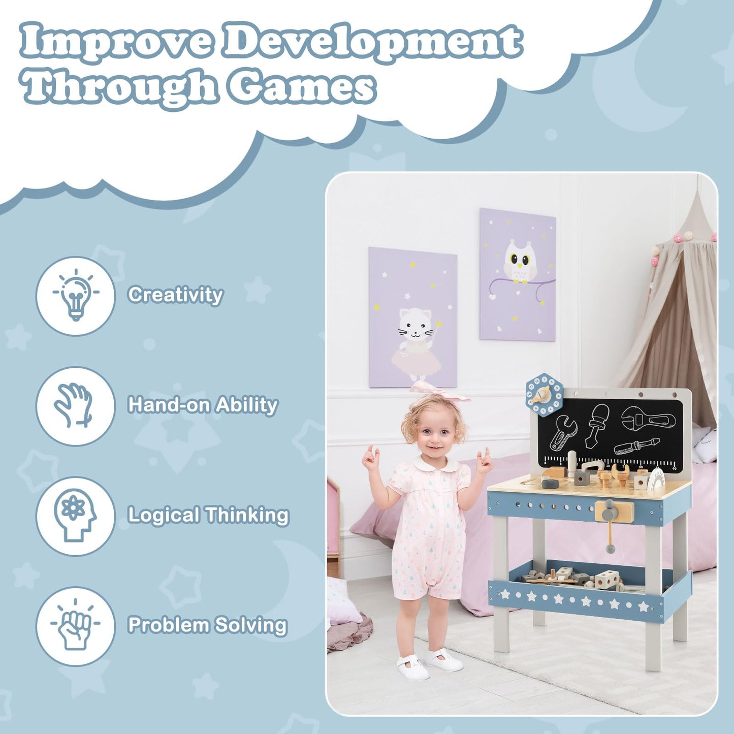 Kids Wooden Play Workbench with Blackboard and Tool Parts Set