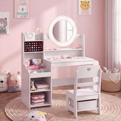 Kids Dressing Table with Lighted Mirror (White, With Storage