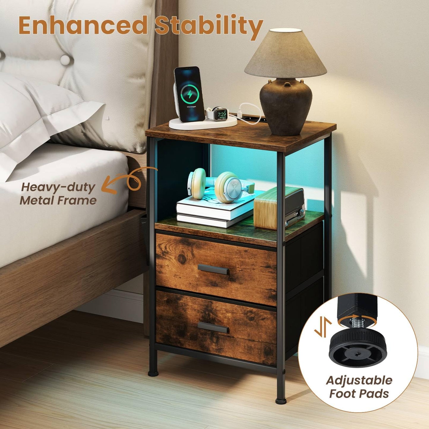 Set of 2 End Tables with Charging Station and 2 Folding Fabric Drawers