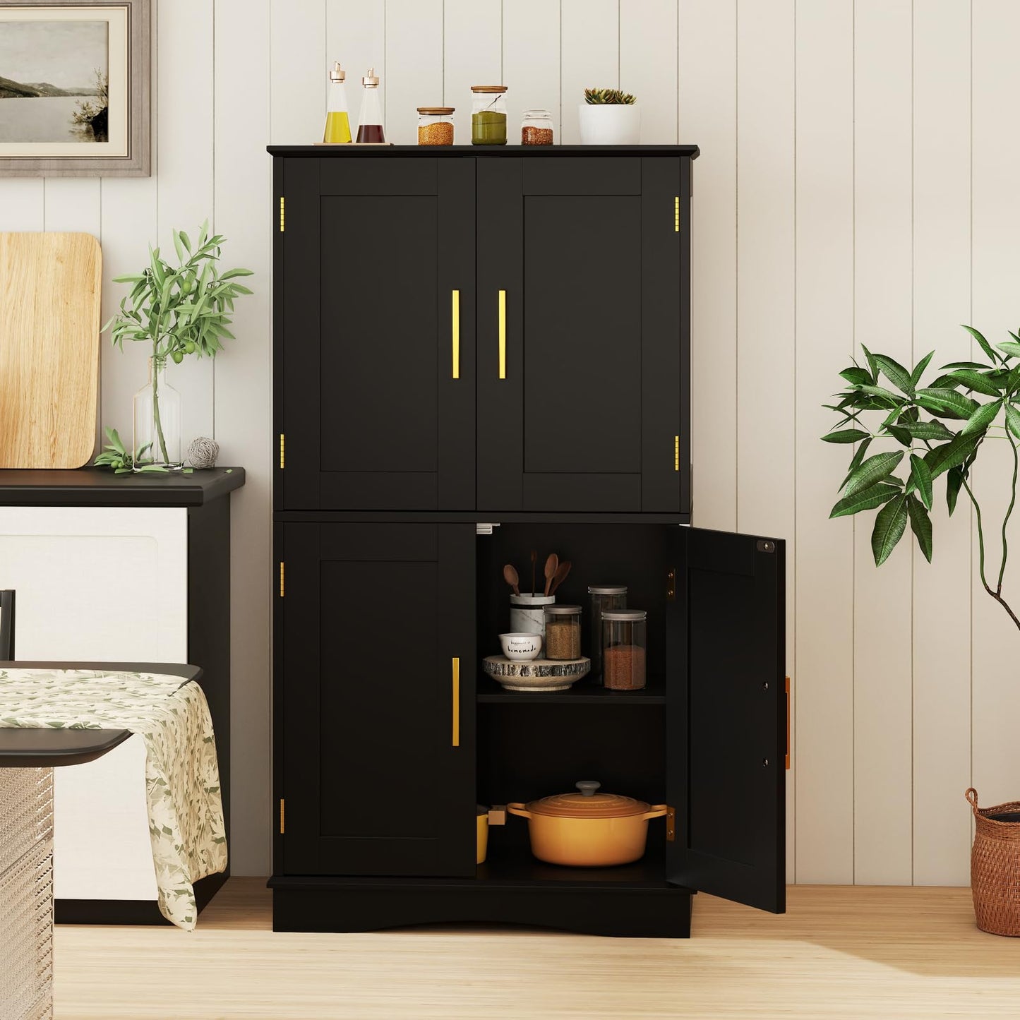 Bathroom Floor Storage Cabinet with 4 Doors and 2 Adjustable Shelves