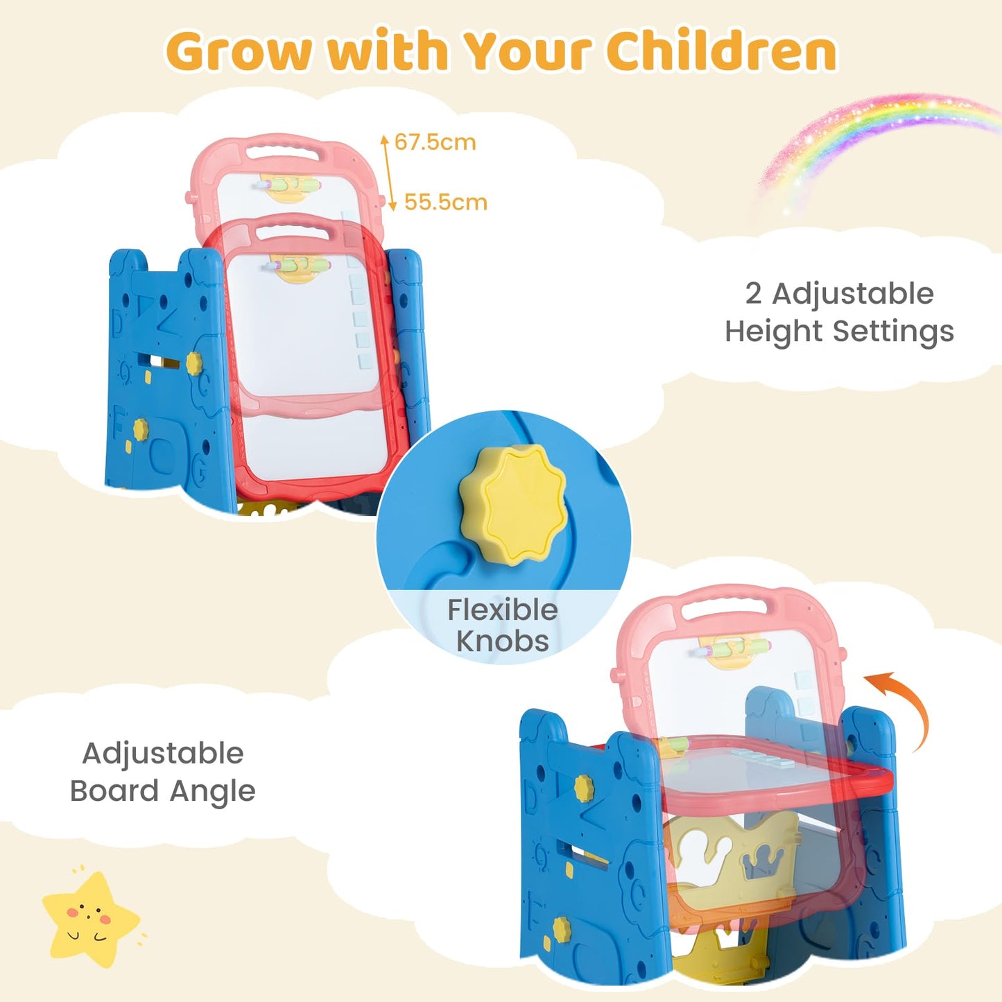 3 in 1 Art Easel for Kids Double Sided Magnetic Board Chalkboard and Whiteboard