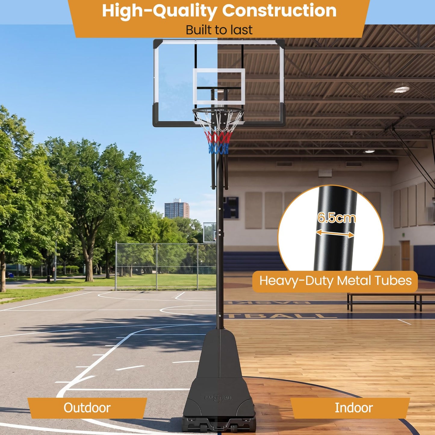 2.45-3.05M Portable Basketball Hoop Height Adjustable with Shatterproof Backboard