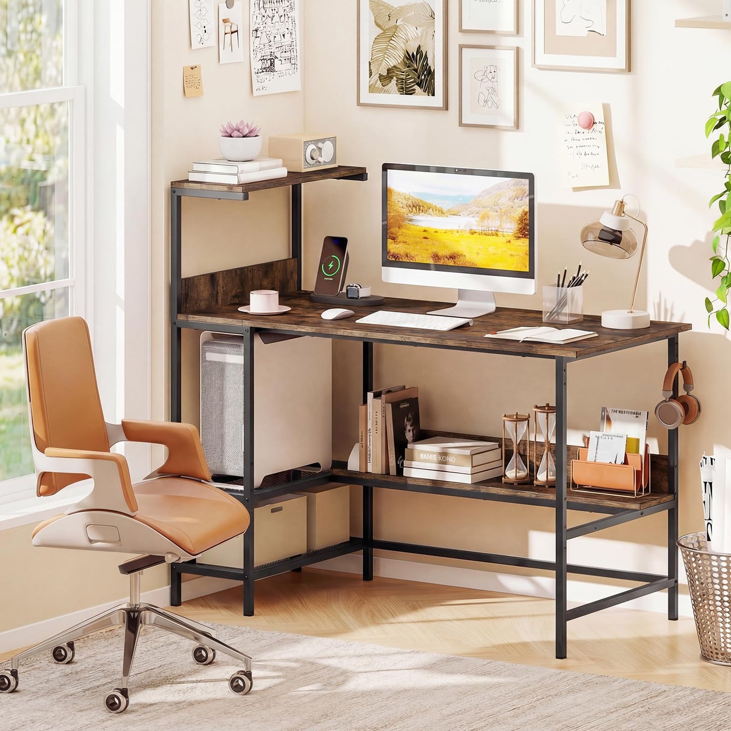 122.5 CM Computer Desk with Power Outlets & Storage Shelves and Headphone Hook for Working