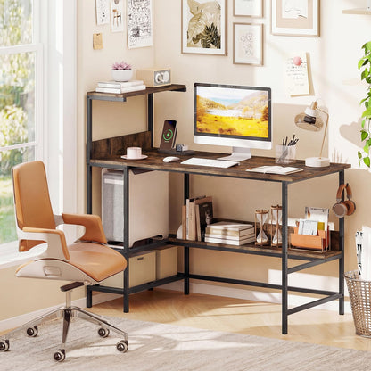 122.5 CM Computer Desk with Power Outlets & Storage Shelves and Headphone Hook for Working