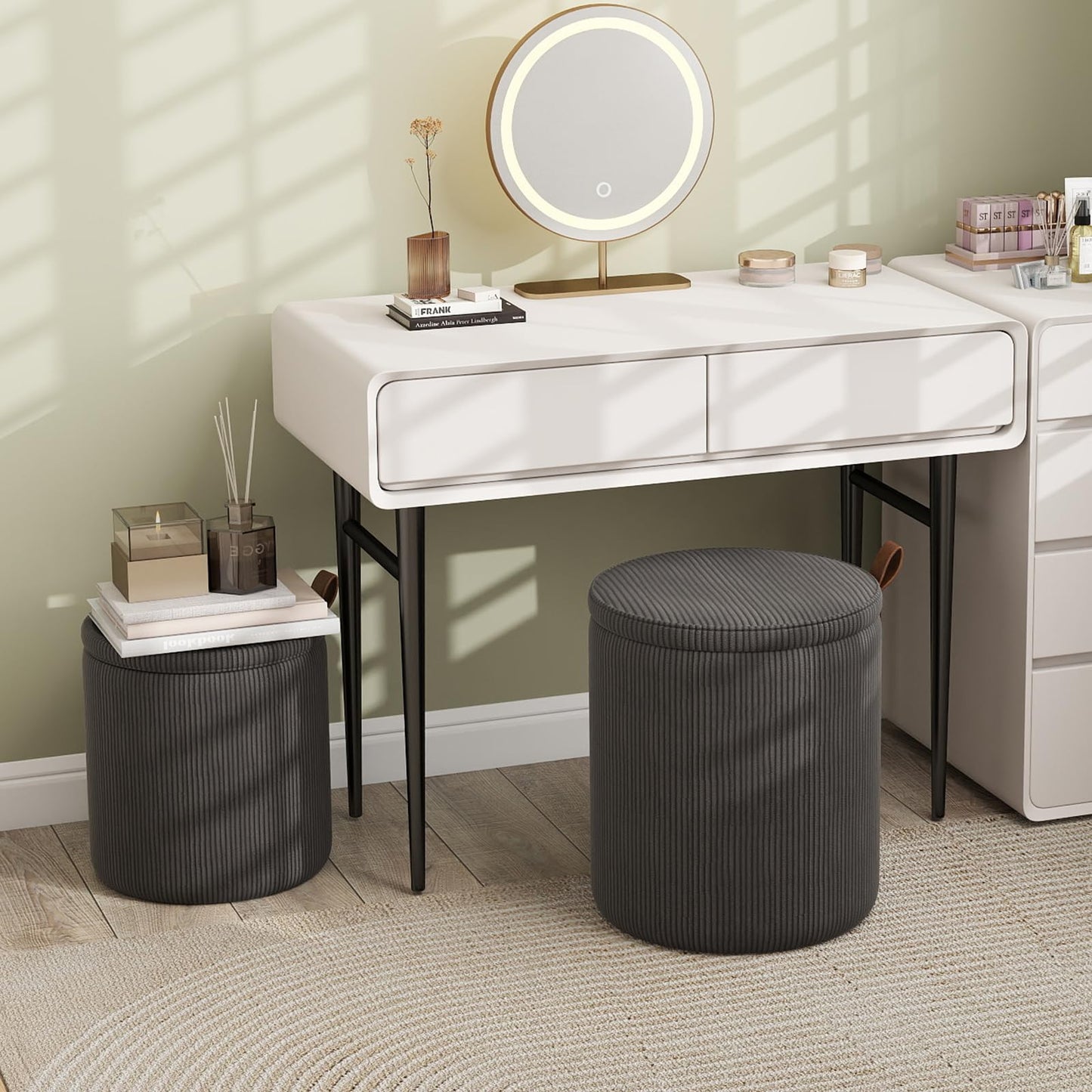 Round Ottoman with Storage Set of 2 with Removable Lids and Padded Seats