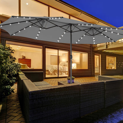460 cm Twin Patio Umbrella with 48 LED Lights and Auto-Charging Solar Panel