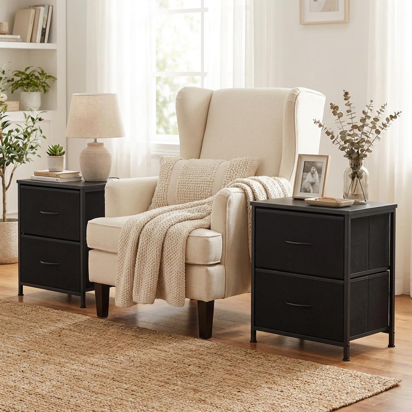 Nightstand Set of 2 End Table with Fabric Drawers for Bedroom