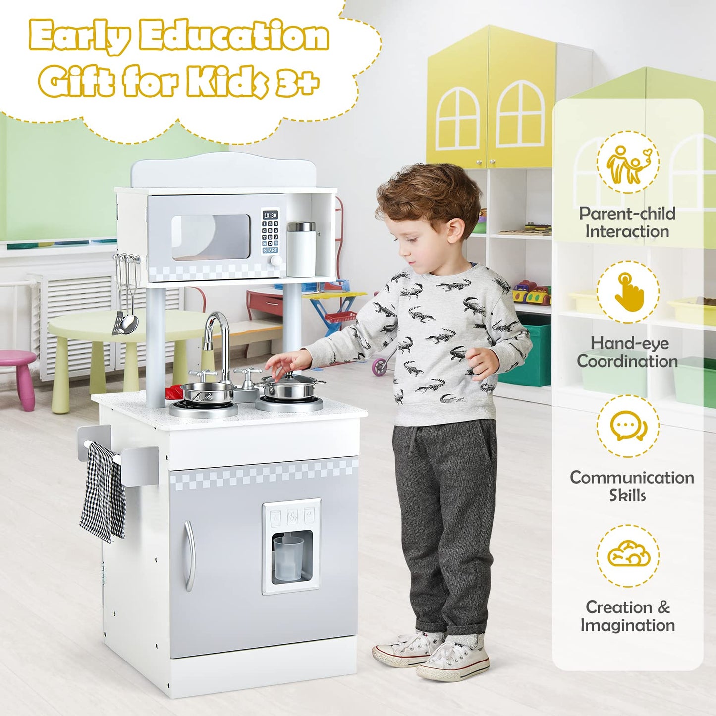 Double-Sided Kid's Play Kitchen Set with Stove and Sink