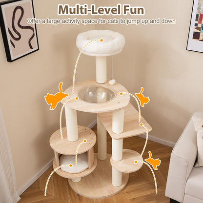 132cm Tall Wooden Cat Tree Solid Plywood Kitten Tower with Space Capsule