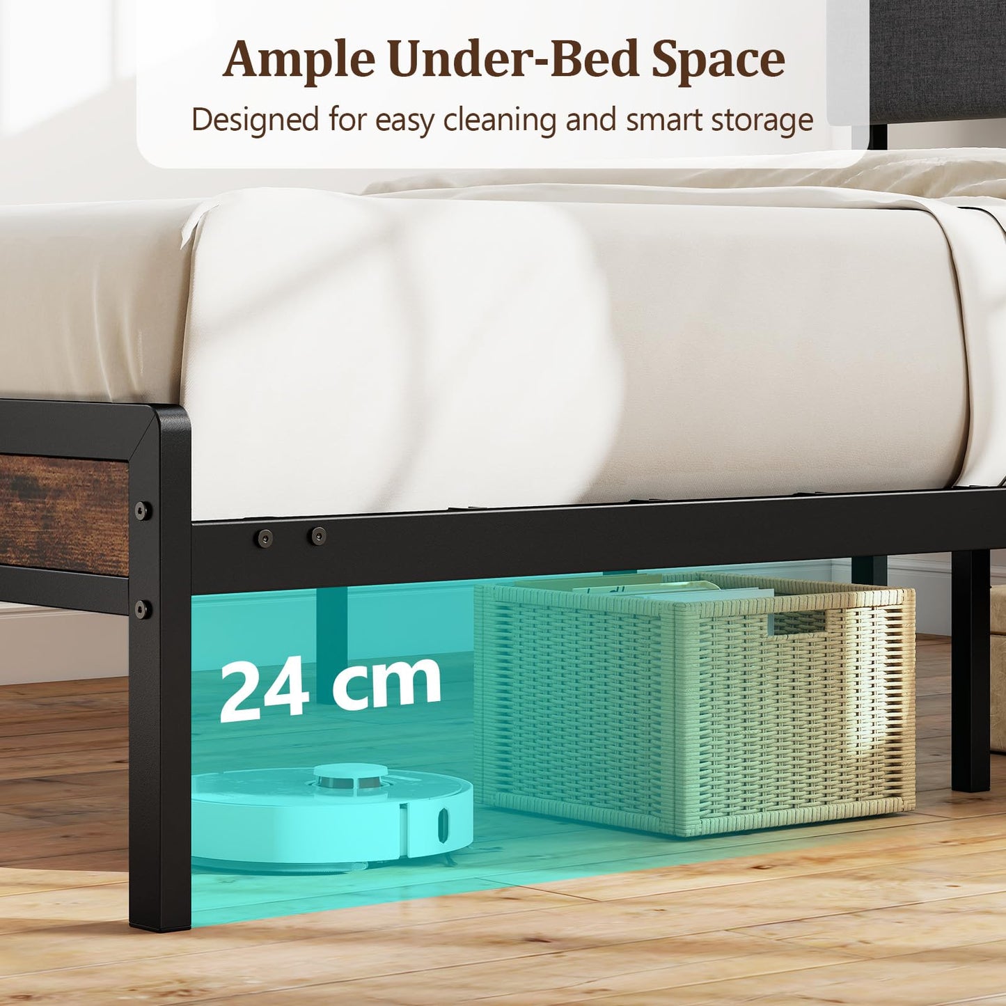 Double Bed Frame with LED Lights, Charging Station