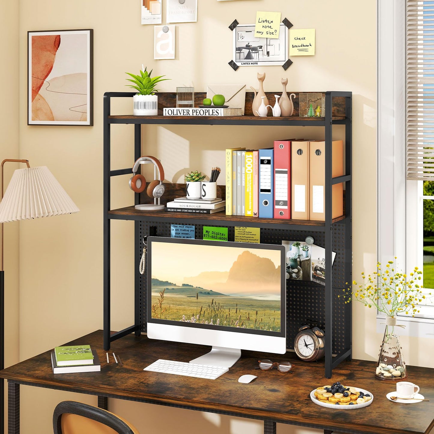 Multipurpose 2-Tier Desk Hutch with Pegboard for Home Office