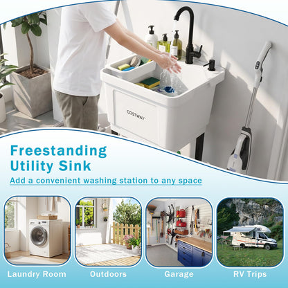 Freestanding Single Bowl Utility Sink, 55L Drain Laundry Tub with Faucet