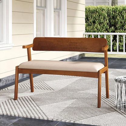 2 Seat Rubber Wood Bench with Padded Seat and Ergonomic Backrest