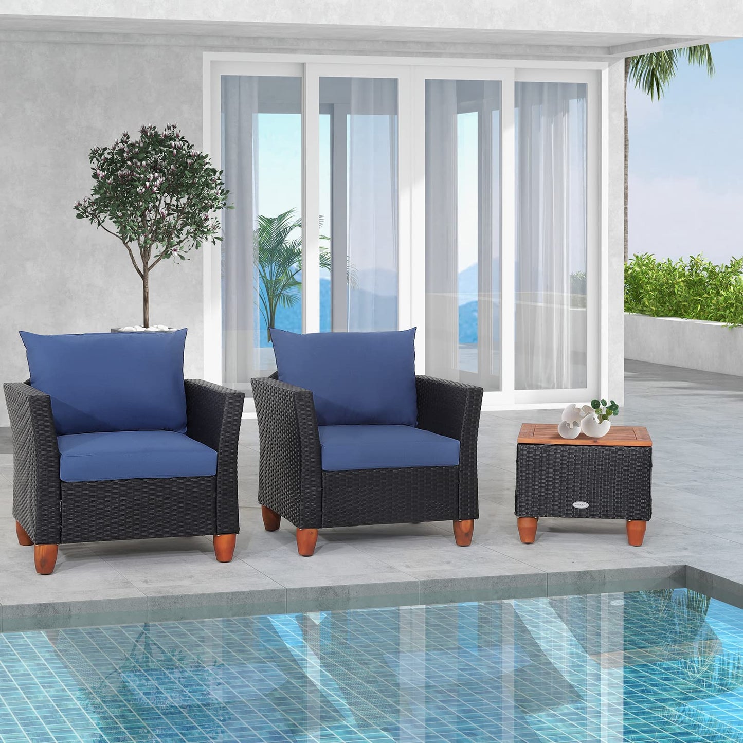 Sectional Patio Bistro Set with 2 Cushioned Sofas and 1 Acacia Table