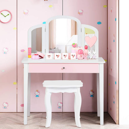 Kids Vanity Table and Stool Set Princess Makeup Dressing Table