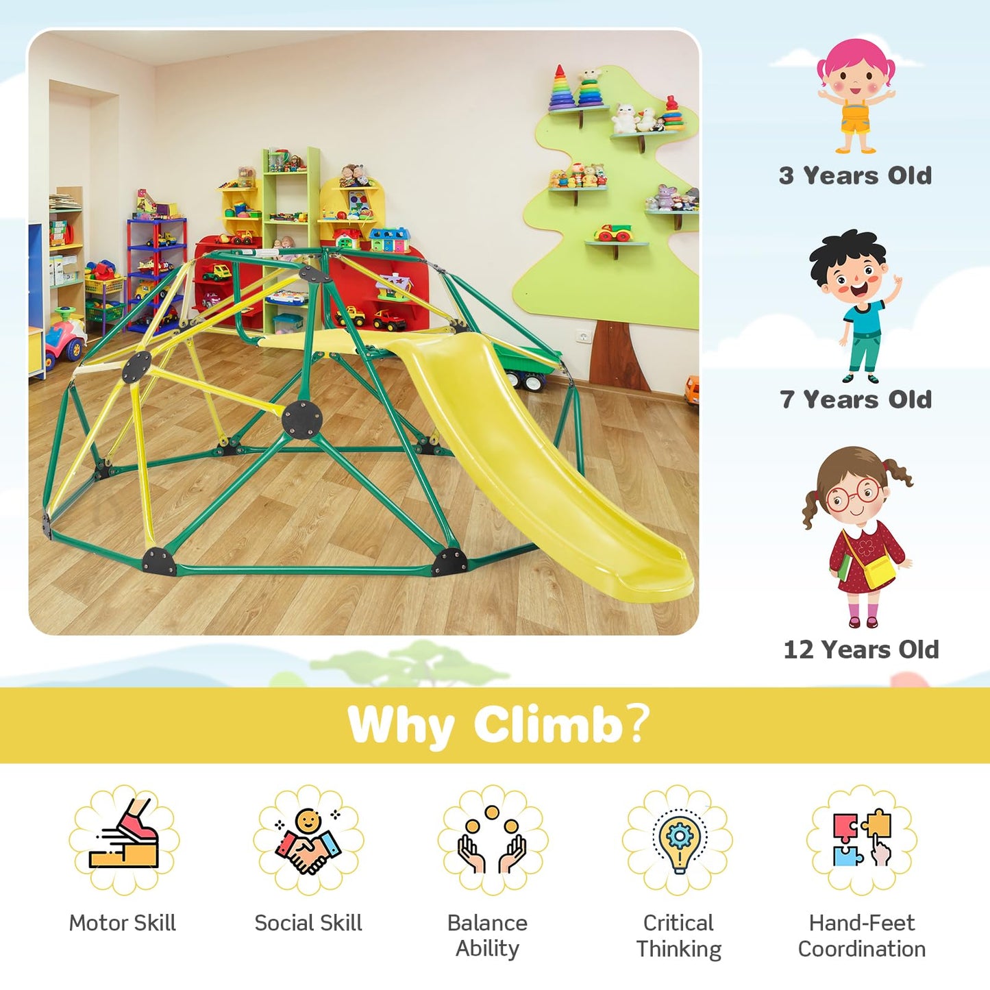 Toddler Climbing Frame Monkey Bar Jungle Gym with Fabric Cushion