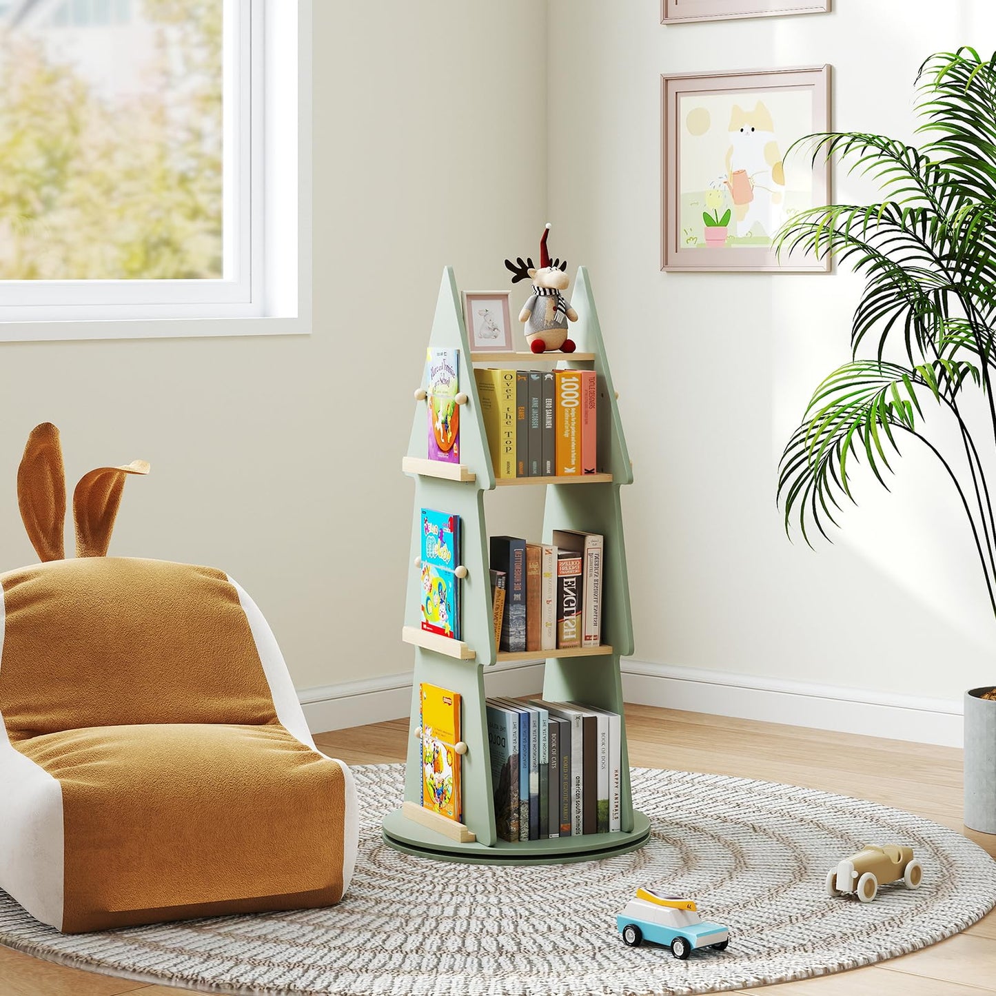 4 Tier 360°Rotating Childrens Bookcase with Side Hooks