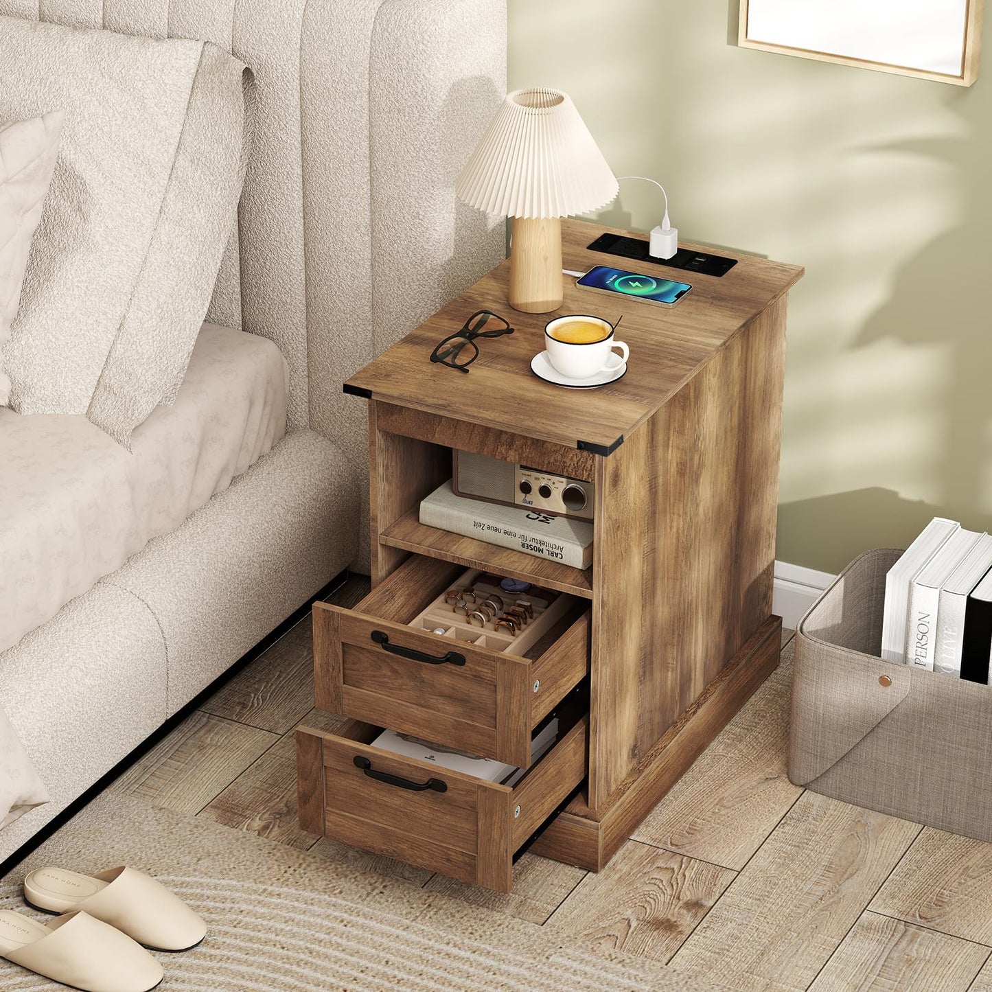 Narrow Bedside Table with Charging Station