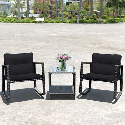 Giantex 3 PCS Garden Rocking Bistro Set PE Rattan Furniture Set with 2-tier Glass Table