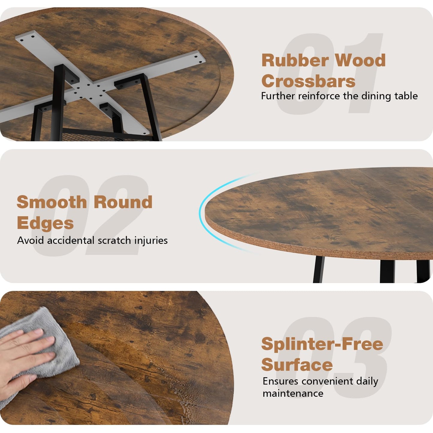 Round Dining Table for 4-6 120 CM Dining Room Table with Storage Shelf and Metal Legs