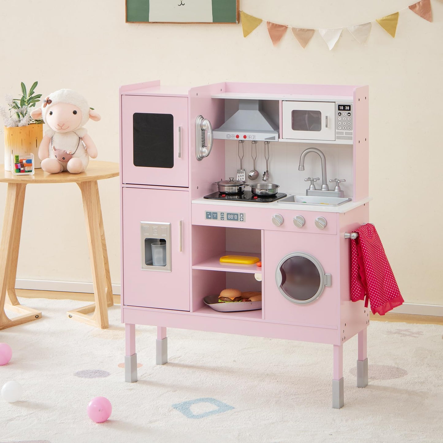 Height Adjustable Wooden Kid Play Kitchen Set with Sounds