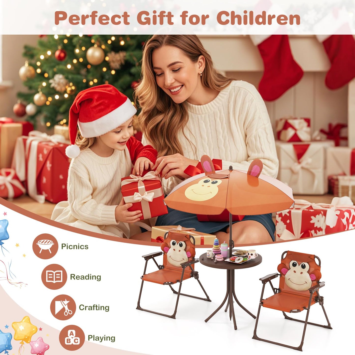 Kids Picnic Table and Chair Set with 2 Folding Chairs and Height Adjustable Umbrella