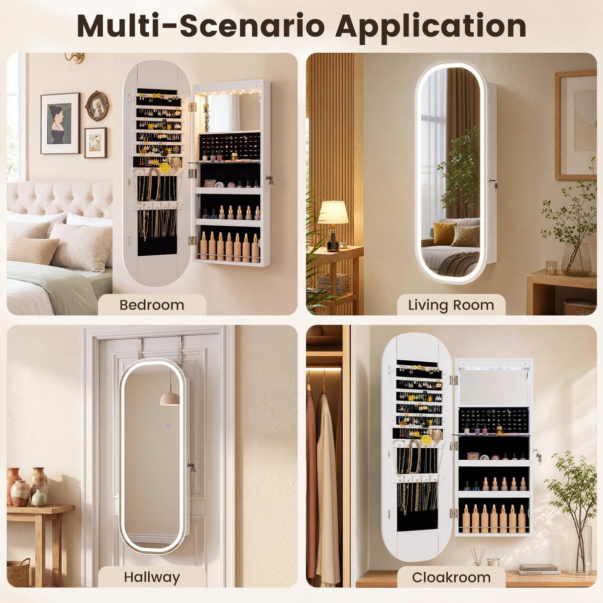 Wall and Door Mounted Jewelry Cabinet with 3-Color Adjustable Full-Length Mirror