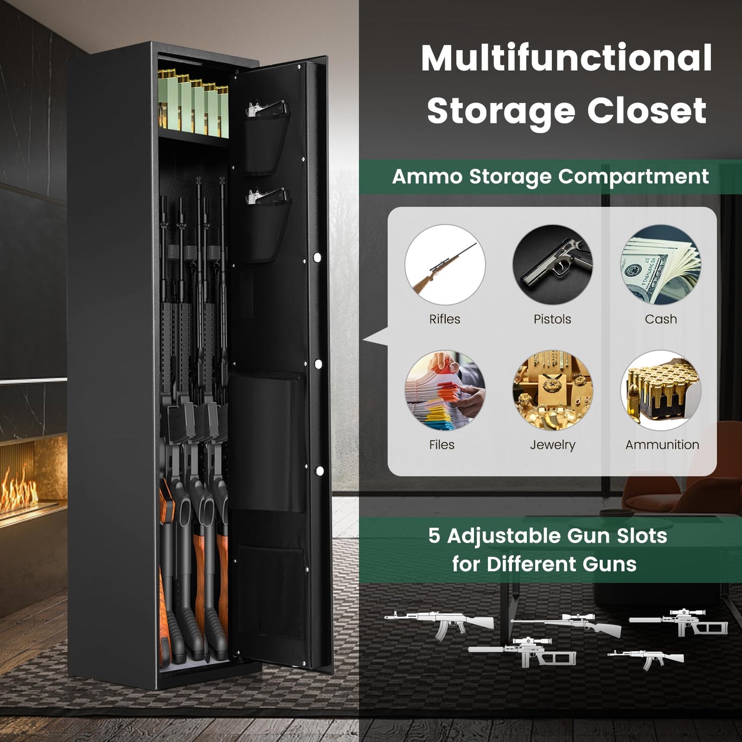 5-Rifle Long Heavy Duty Gun Cabinet with Digital Keypad