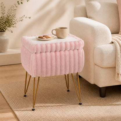 Faux Fur Ottoman with Metal Legs and 2-in-1 Design for Living Room Bedroom