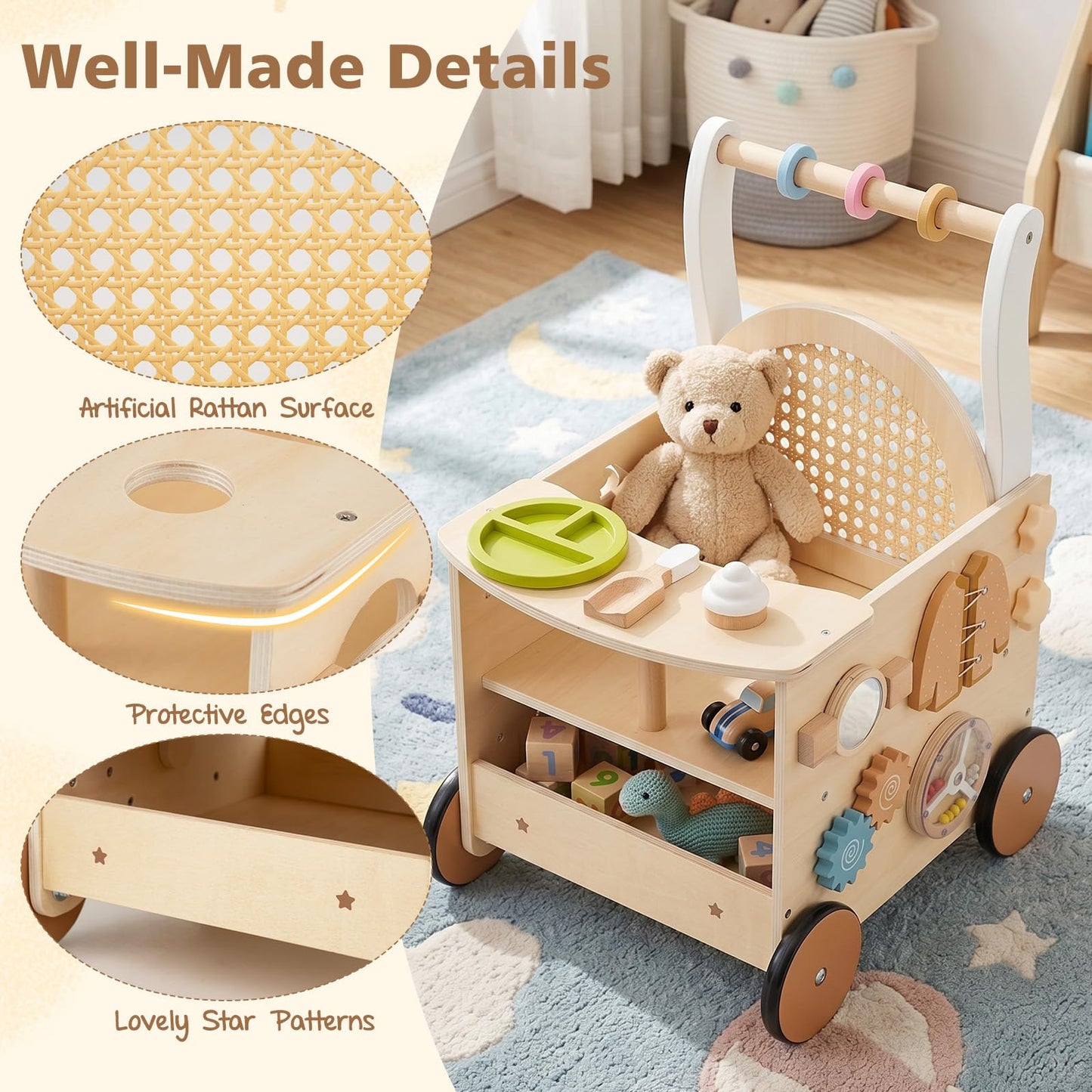 13-In-1 Wooden Baby Walker with Wheels and Storage for Boys Girls Aged 1+