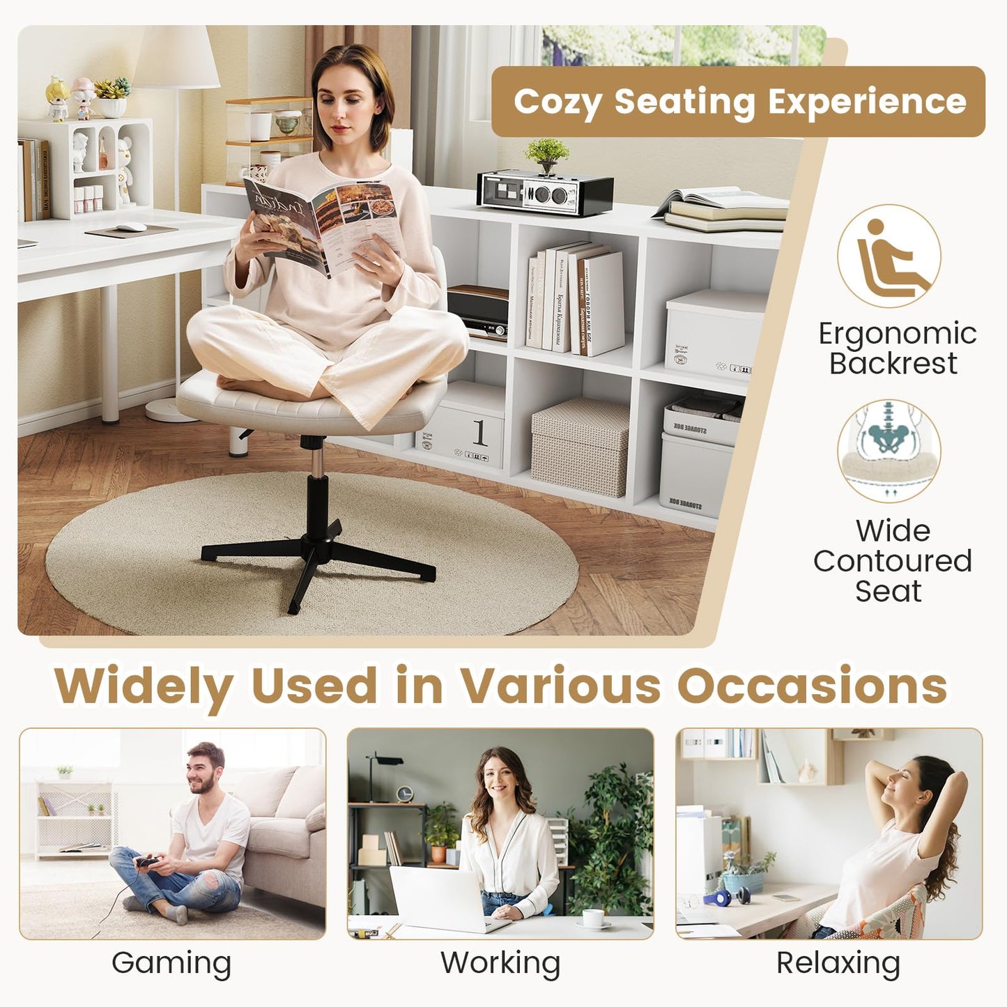 Armless Office Chair, Cross Legged Desk Chair with Wide Seat