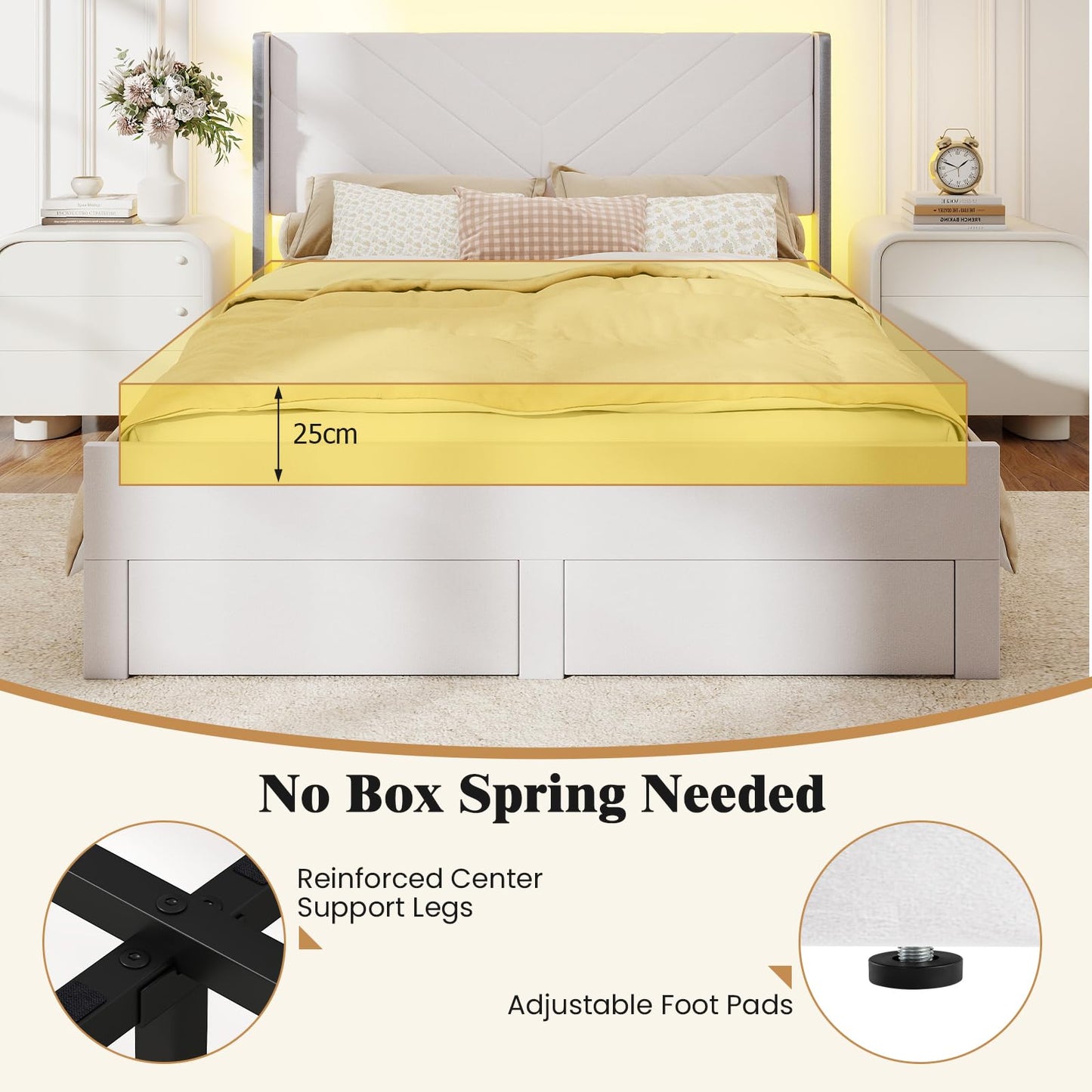 5FT King Size Bed Frame with RGB LED Lights, Velvet Upholstered Platform Beds