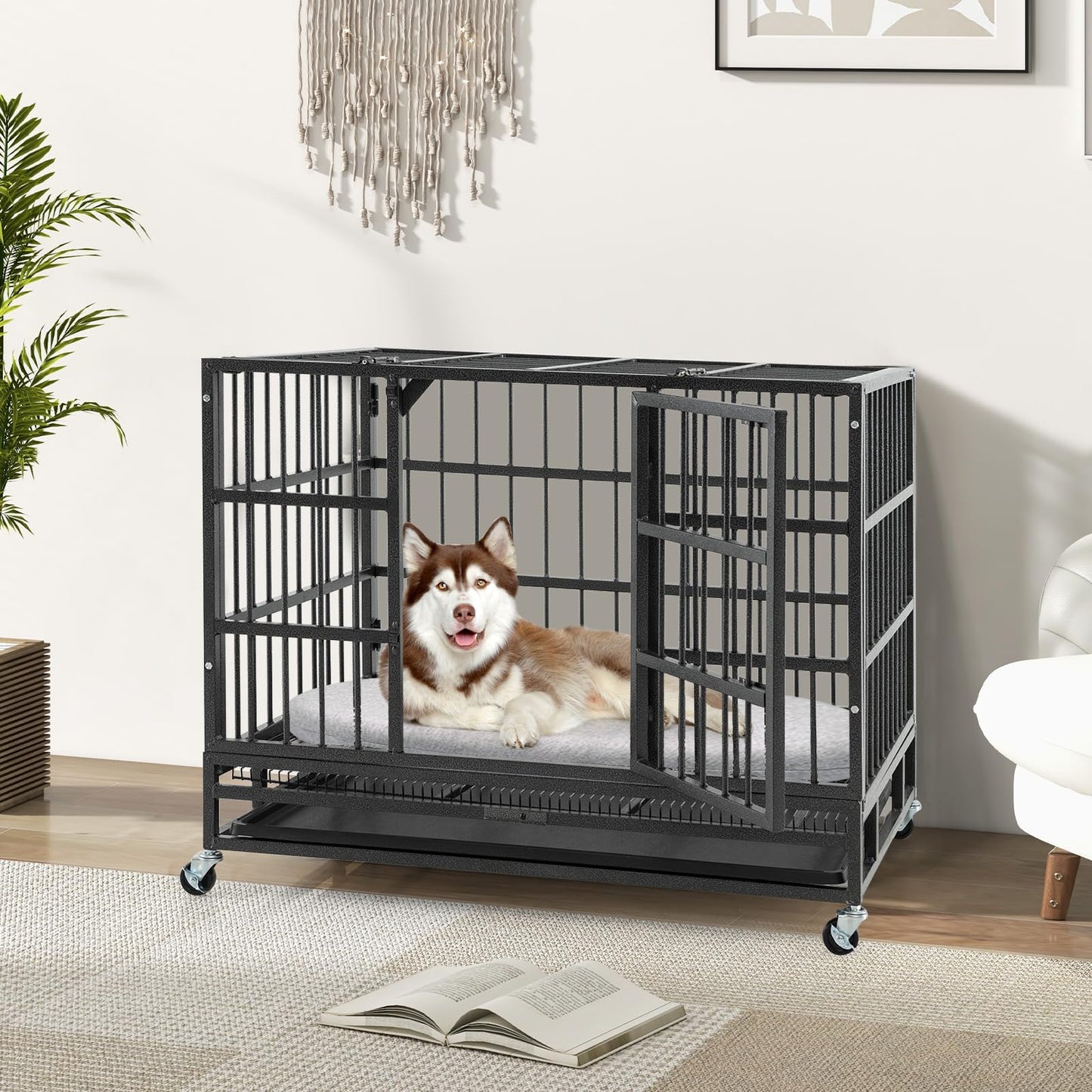 96/120cm Metal Dog Cage Foldable with Double Door and Wheels