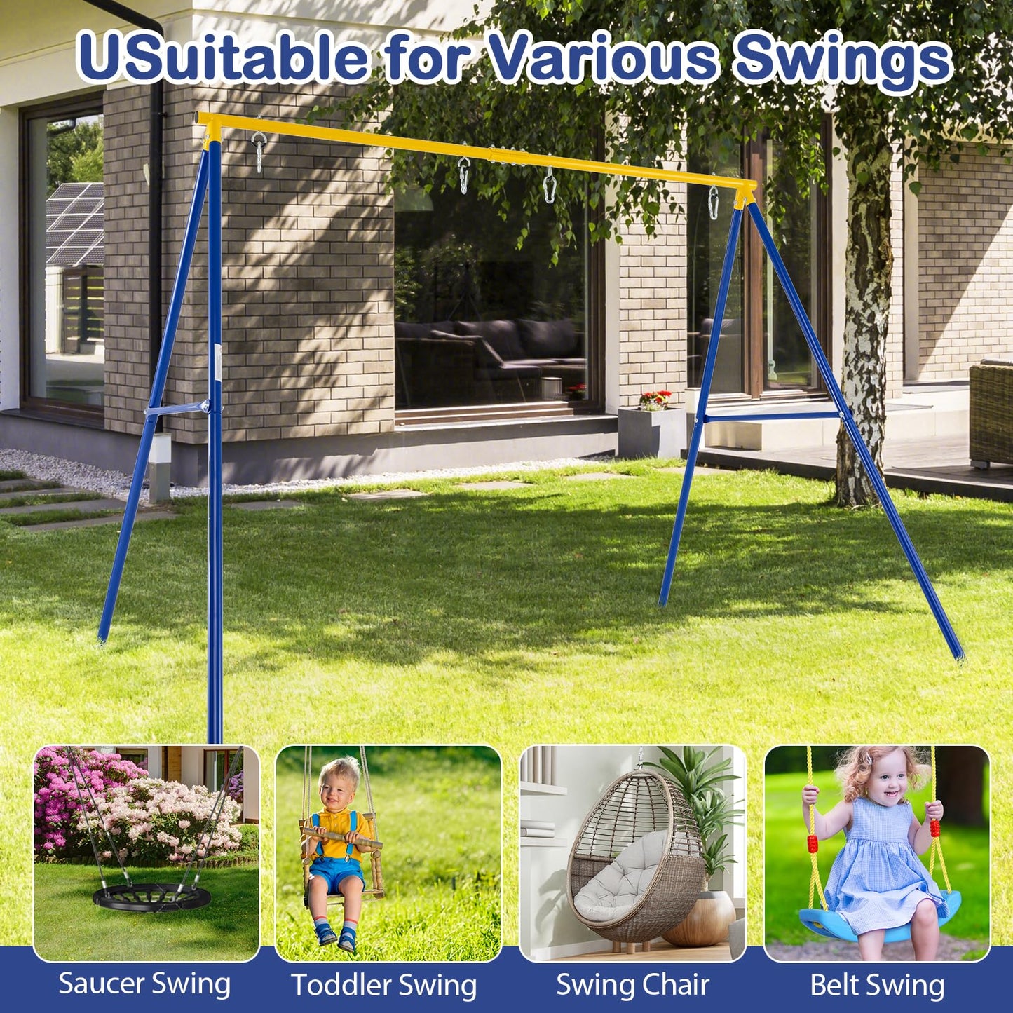 A-Frame Metal Swings Stand with Belt Swing and Nest Swing