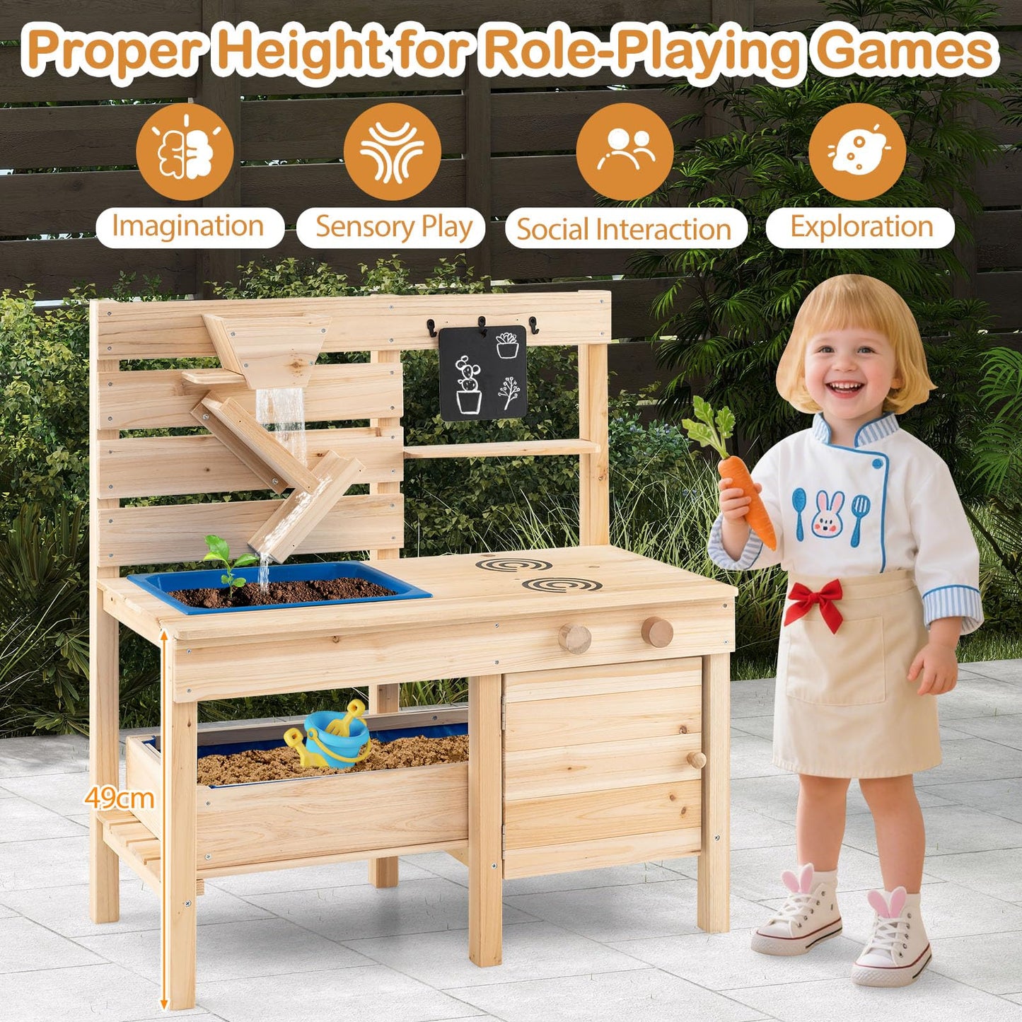 Mud Kitchen, Fir Wood Kids Play Kitchen with Detachable Sandbox