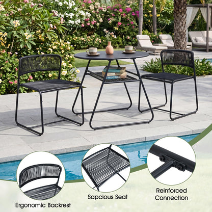 3 Piece Patio Bistro Set, Outdoor Dining Table with 2 Varied-Size Stackable Rattan Chairs & Shelf