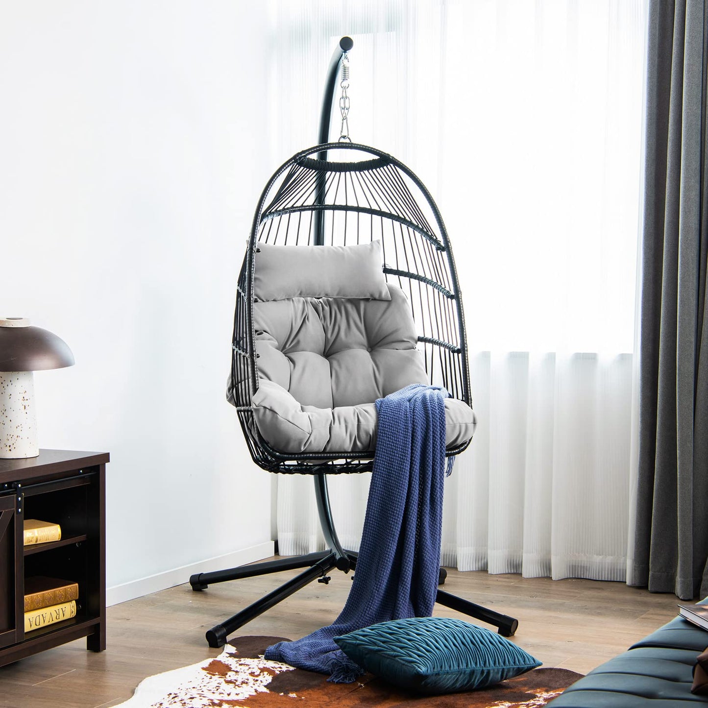 Upholstered Rattan Wicker Swing Egg Chair with Soft Cushion