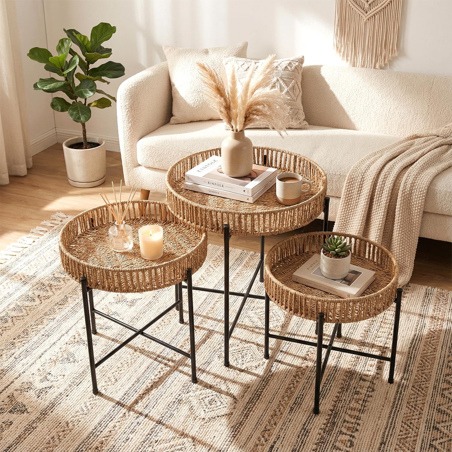 Set of 3 Round Nesting Side Tables Weaving End Tables with Metal Legs