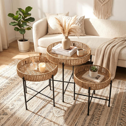 Set of 3 Round Nesting Side Tables Weaving End Tables with Metal Legs