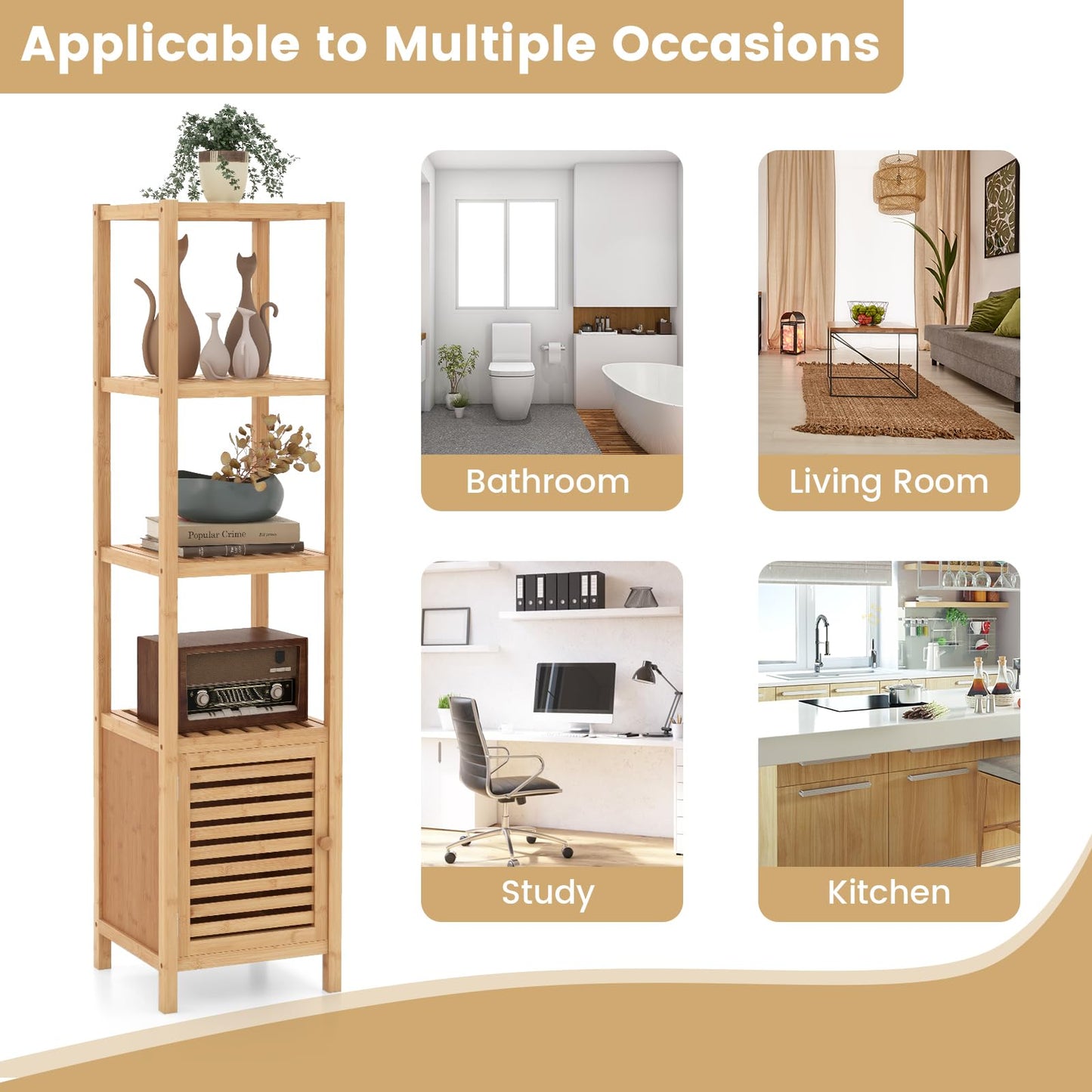 Freestanding Storage Cupboard with Shuttered Door and Open Shelves