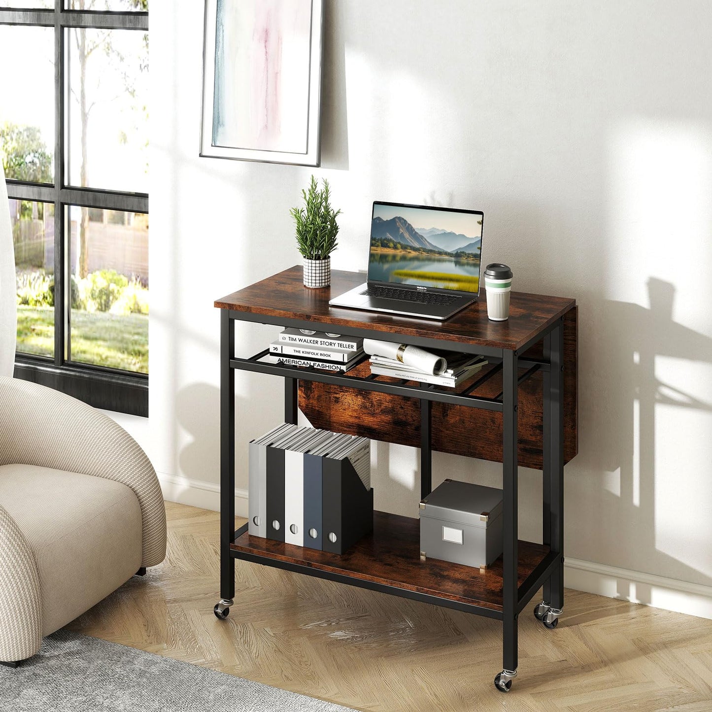 Folding Dining Table, Mobile Kitchen Table with 5 Wheels