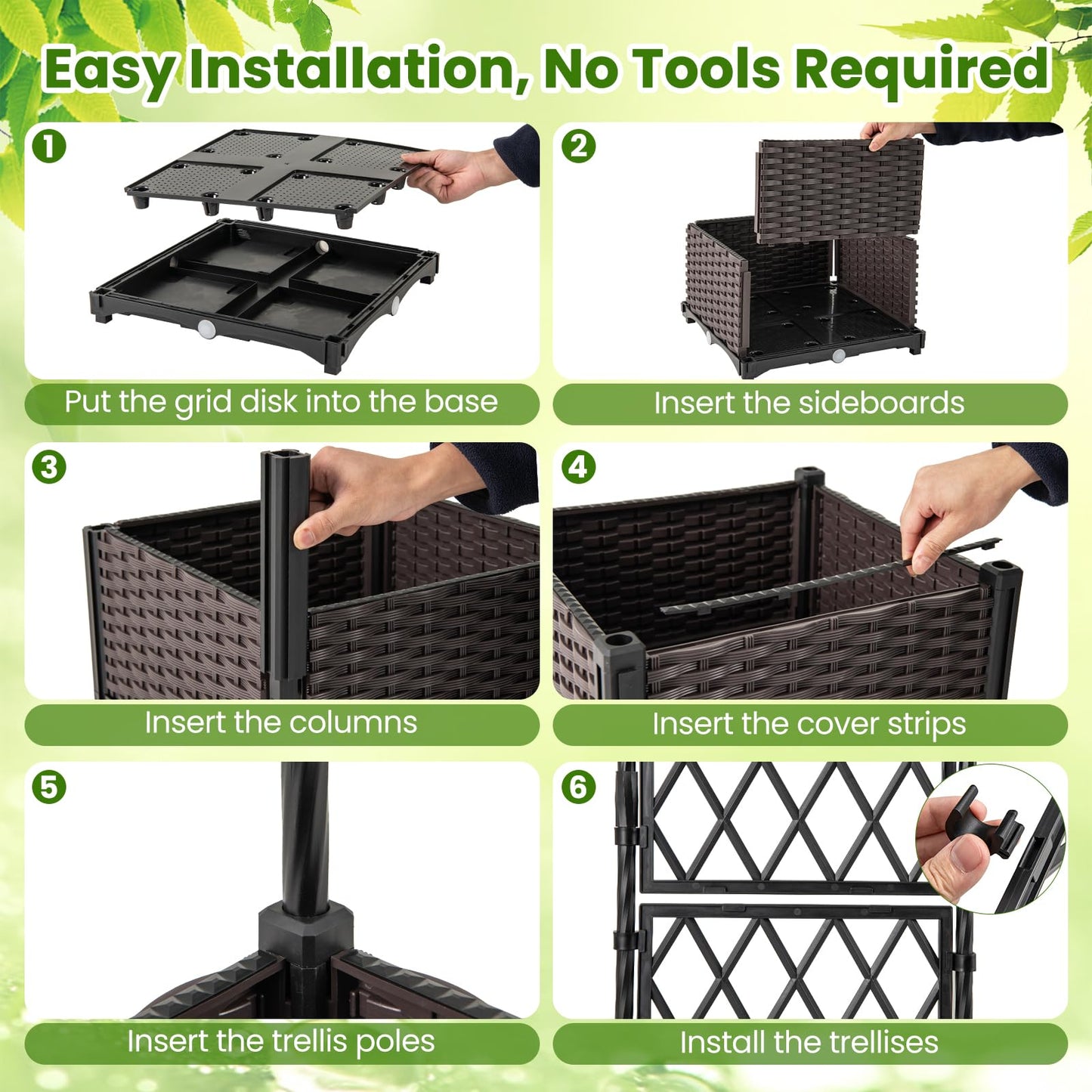 Garden Planter with Trellis with Self-Watering Device and Drainage Holes