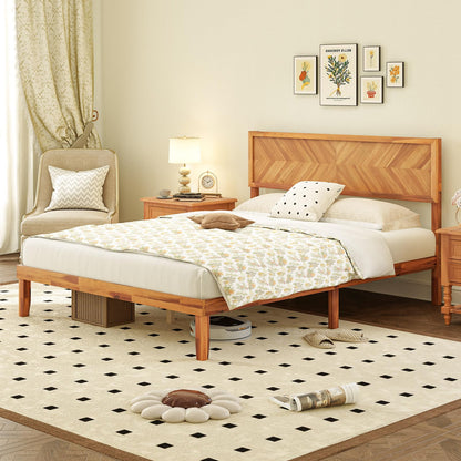 Mid-Century Acacia Wood Bed Frame with Headboard