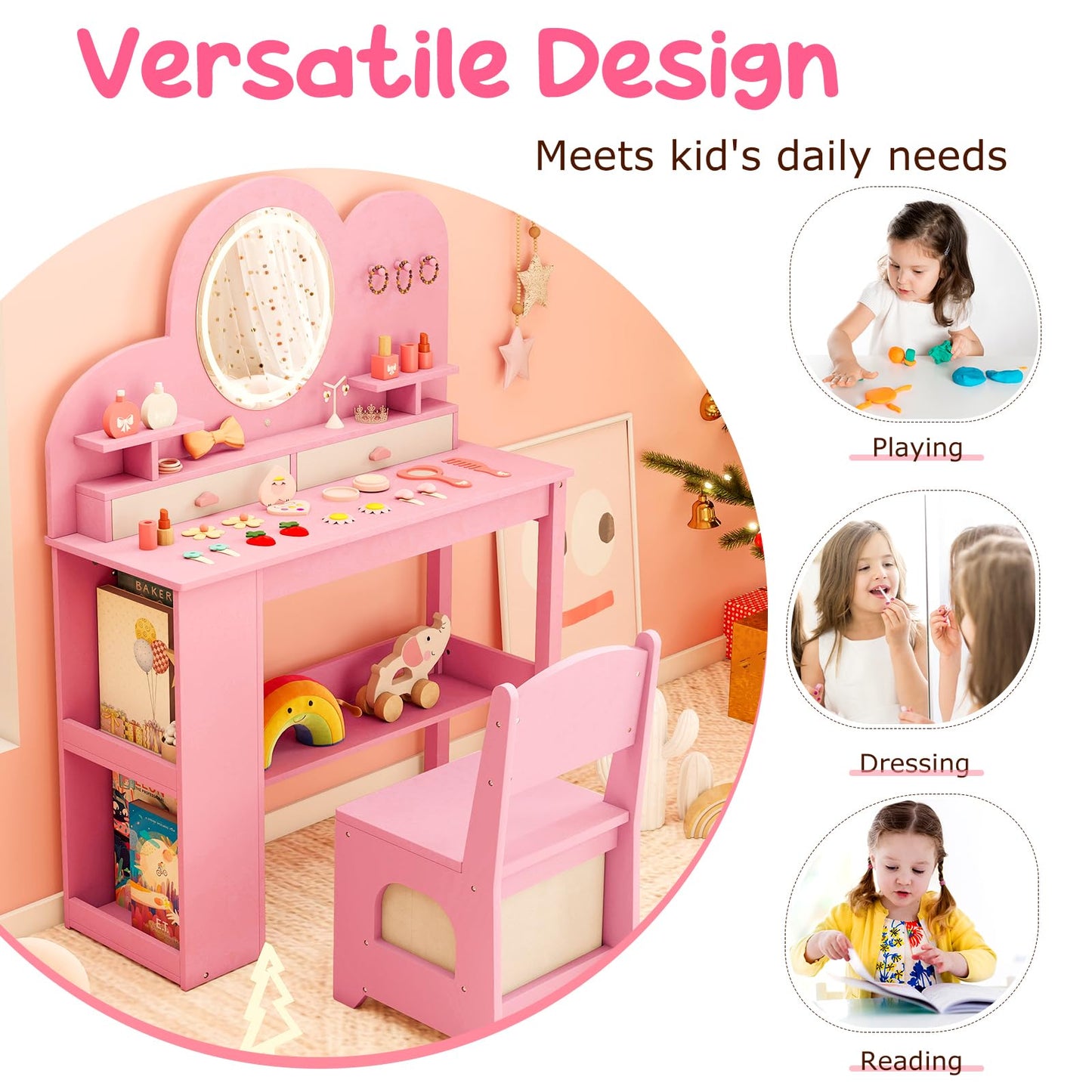 Kids Vanity with Lights Princess Vanity Table and Chair Set with 2 Drawers