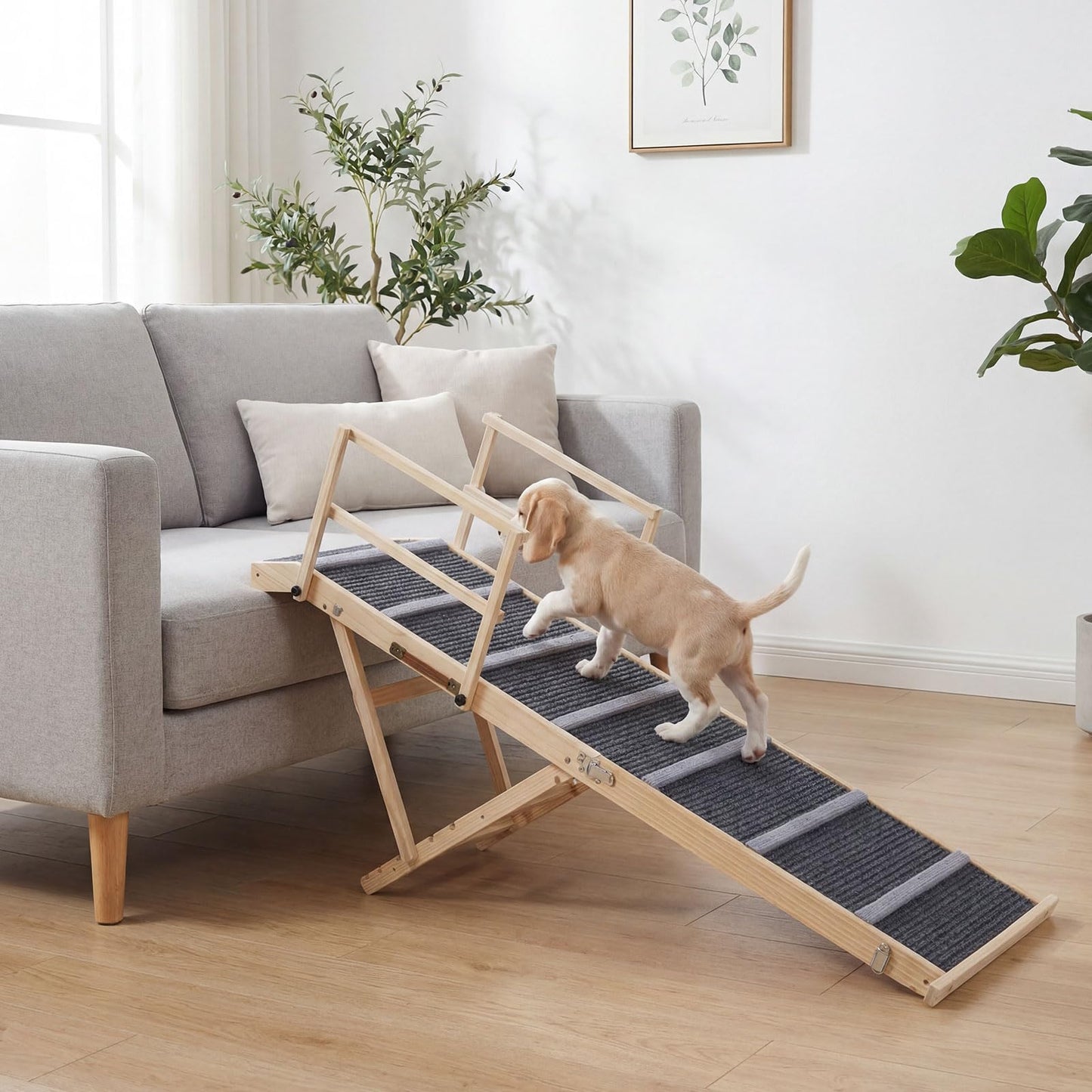Wooden Pet Ramp, Foldable Dog Car Ladder with 6-level Adjustable Heights