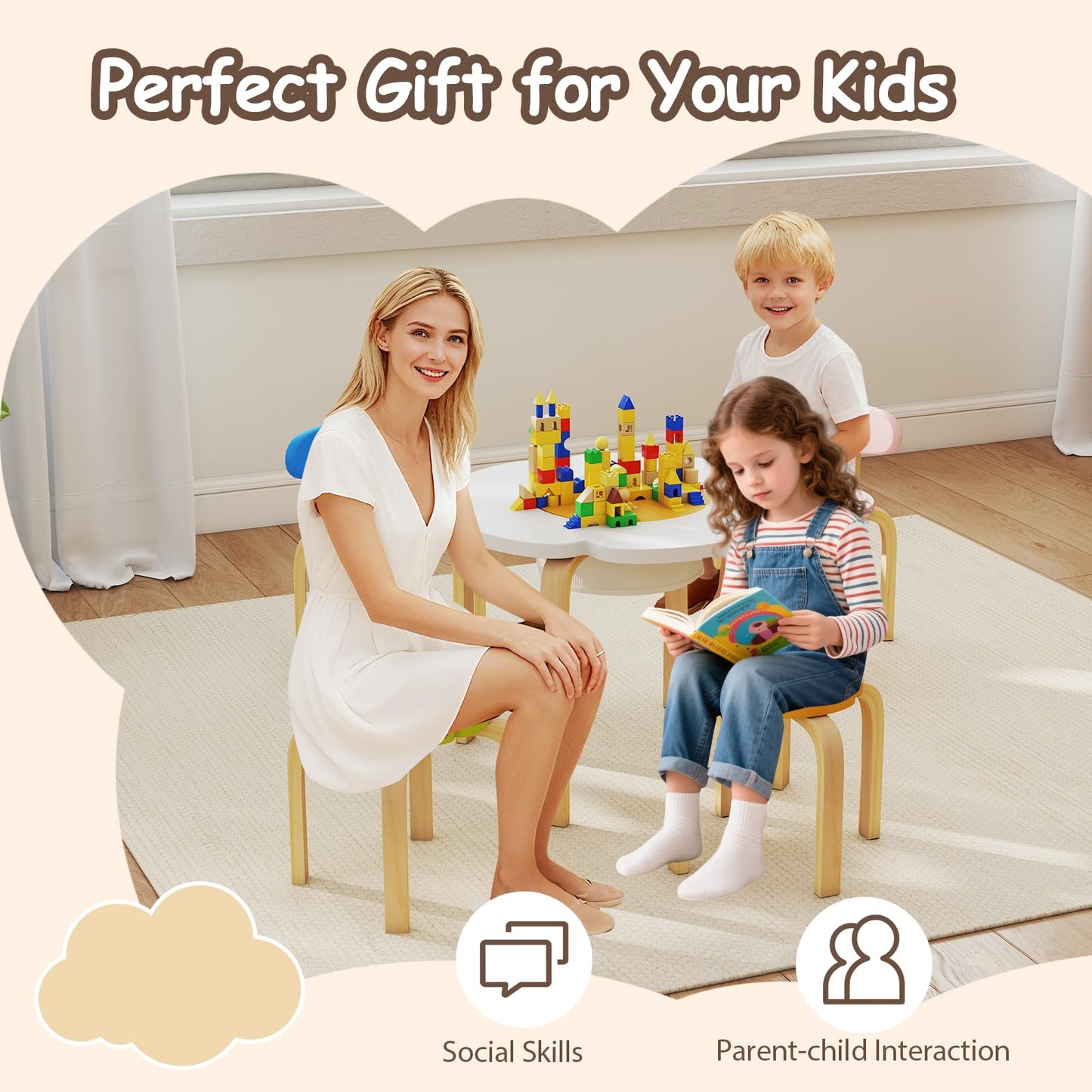 Flower-shaped Children Table Set with 2 Colorful Chairs and Stools