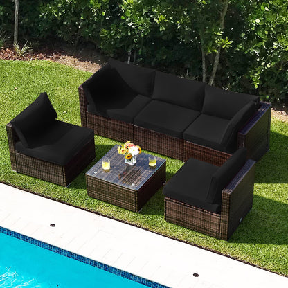 6 PCS Corner Patio Conversation Sofa Set with Tempered Glass Table and Cushions
