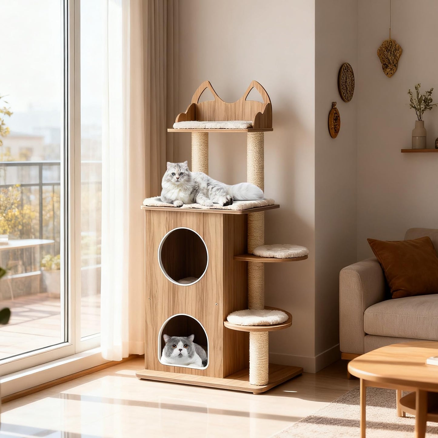 Wooden Cat Tree, 122cm Tall Multi-Layer Cat Tower with Cute Top Perch