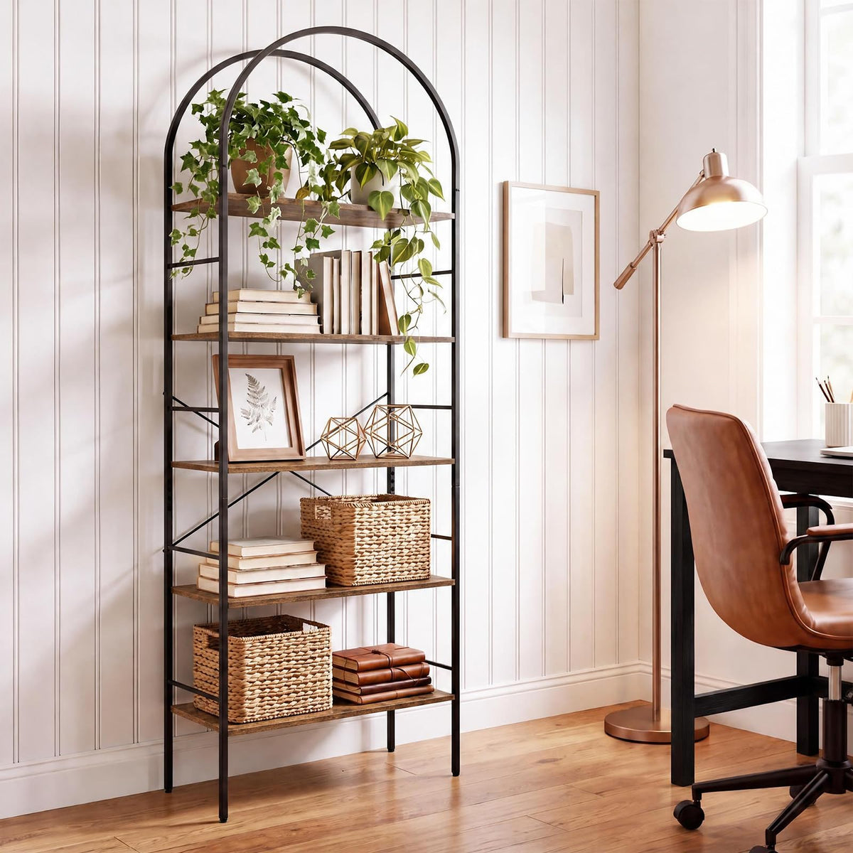 5-Tier Arched Bookshelf, Metal Frame Bookcase Shelving Unit, Freestanding Display Storage Organizer
