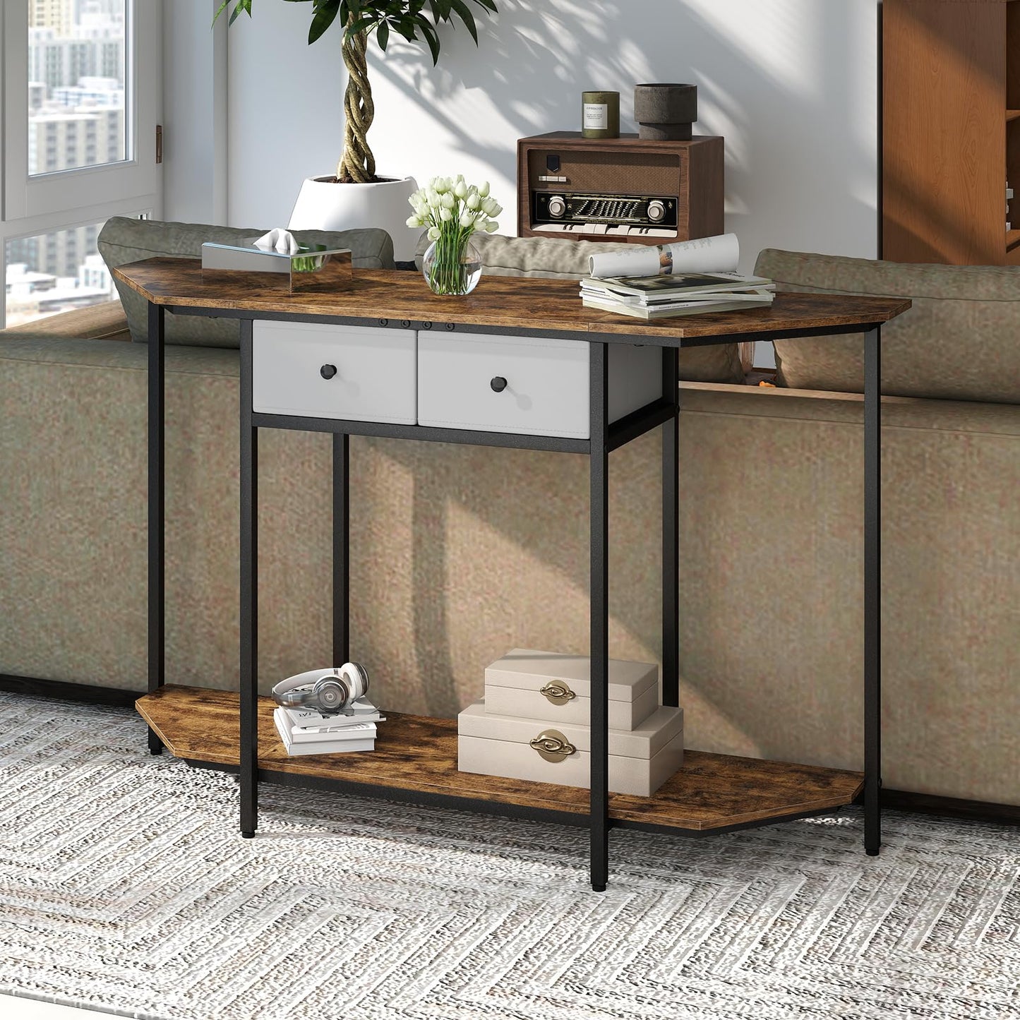 2-Tier Console Table Industrial Narrow Sofa Side Table with 2 Drawers and Shelf